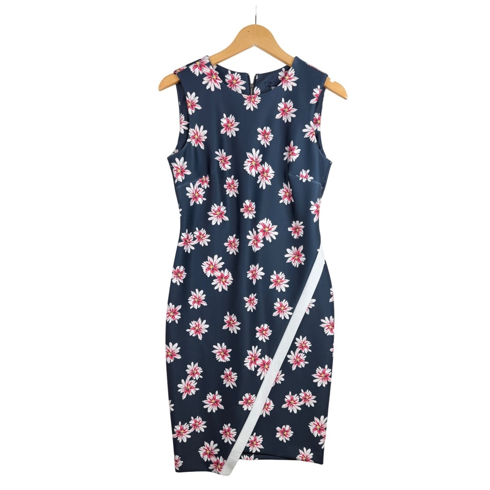 Tommy Hilfiger Floral Print Sleeveless Belted Sheath Dress size 6 Blue/White